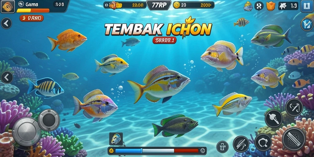 Screenshot gameplay 77RP menampilkan aksi seru menembak ikan.
