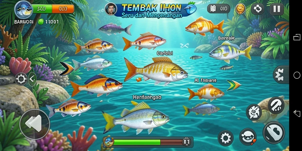 Screenshot gameplay BARU01 dengan aksi menembak ikan.