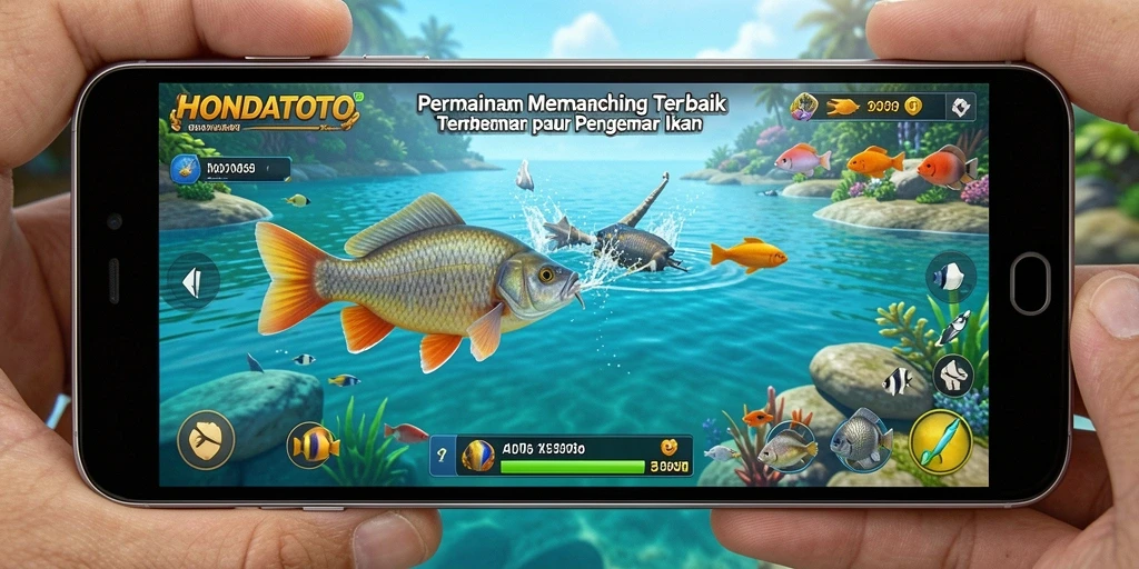 Tampilan gameplay HONDATOTO dengan berbagai lokasi memancing yang indah.