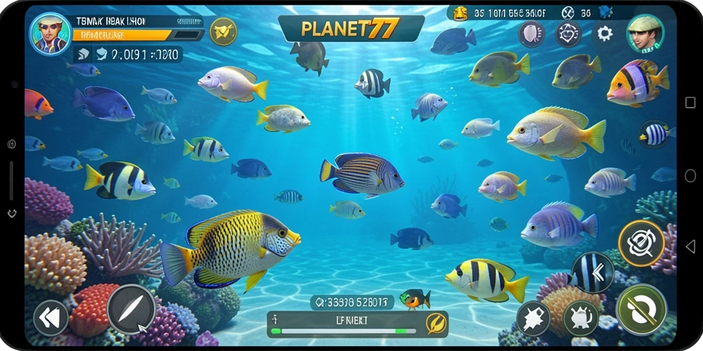 Tampilan screenshot utama menunjukkan pemain menembak ikan berwarna-warni.